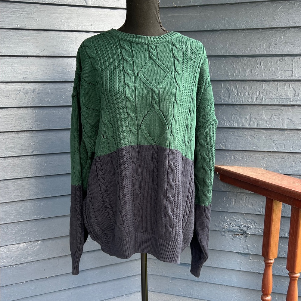 Vintage Claiborne Green and Blue 100% Cotton Cable Knit Sweater - Picture 5 of 6